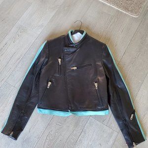 New Rag & Bone black knieval leather jacket light blue accent. One of a kind!